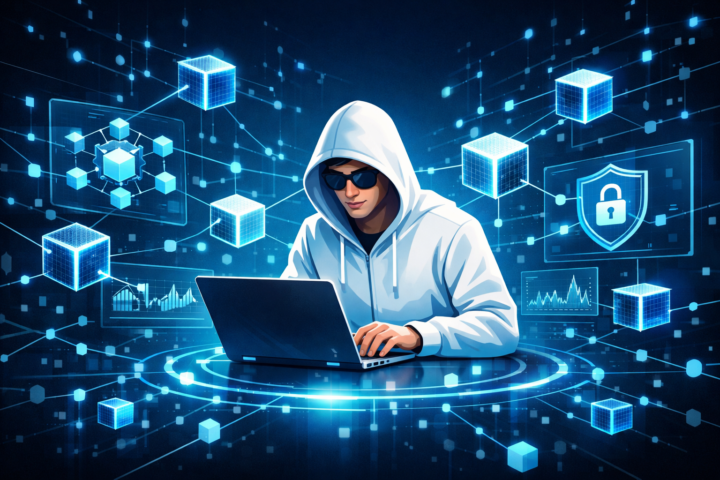 Ilustrasi konsep teknologi blockchain dengan blok digital saling terhubung dan jaringan node futuristik