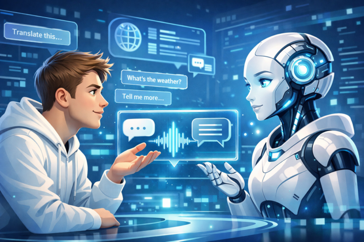 Ilustrasi interaksi manusia dan AI melalui teknologi pemrosesan bahasa alami
