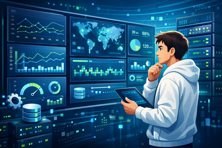 Dashboard monitoring dan observability sistem TI dengan grafik performa dan analisis data
