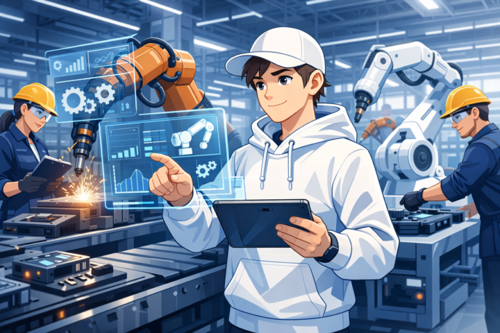 Robot dan pekerja manusia bekerja sama dalam pabrik modern yang menggunakan otomasi