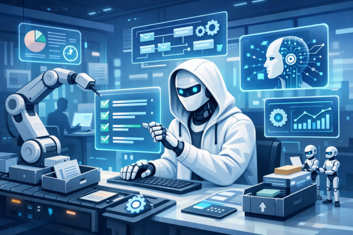 Ilustrasi teknologi otomasi proses bisnis menggunakan robot dan AI dalam lingkungan kantor