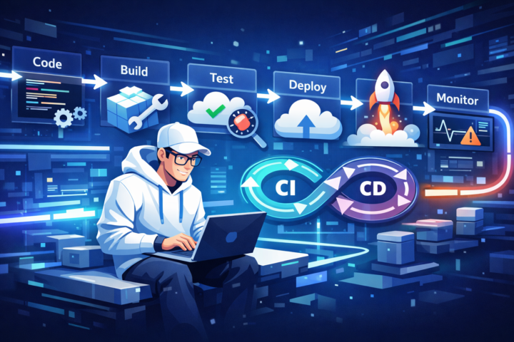 Ilustrasi pipeline pengembangan software dengan ikon Continuous Integration dan Continuous Deployment