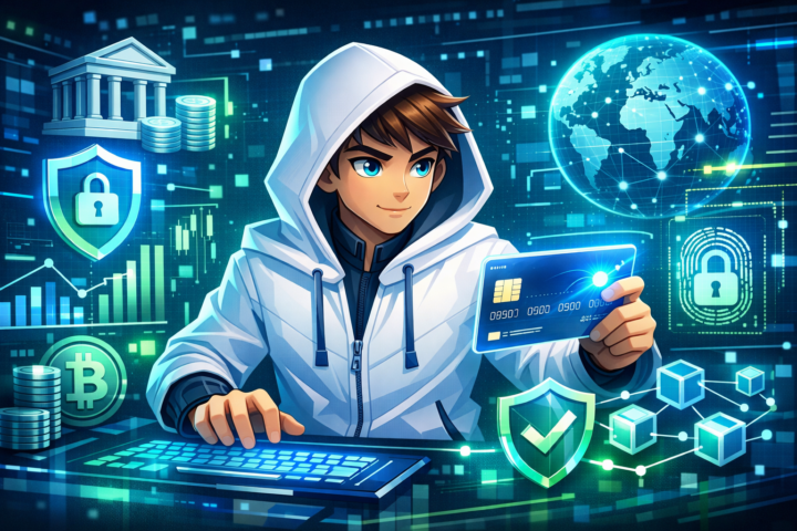 Ilustrasi integrasi AI dalam teknologi keuangan dan perbankan dengan grafik analisis data dan ikon transaksi aman