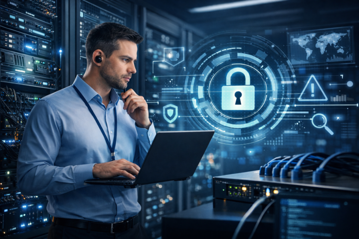 Auditor IT sedang memeriksa keamanan sistem jaringan dan server digital.