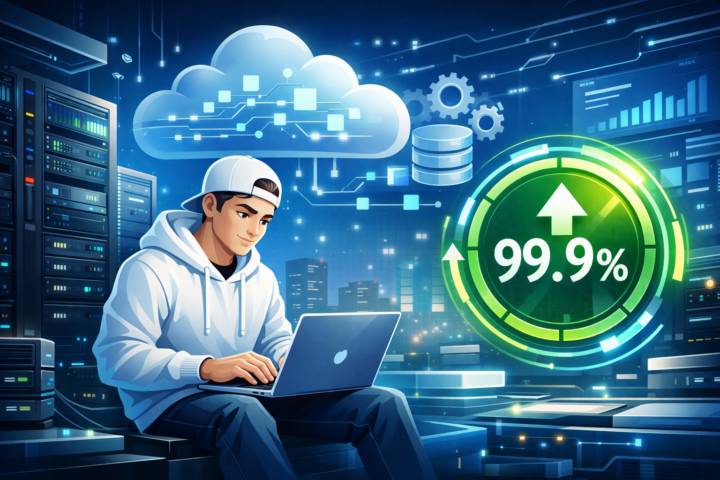 Gambar ilustrasi infrastruktur IT dengan server dan simbol uptime yang menunjukkan konsep High Availability