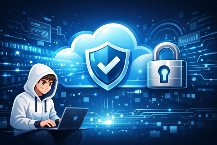 Ilustrasi keamanan data cloud dengan ikon perisai dan gembok