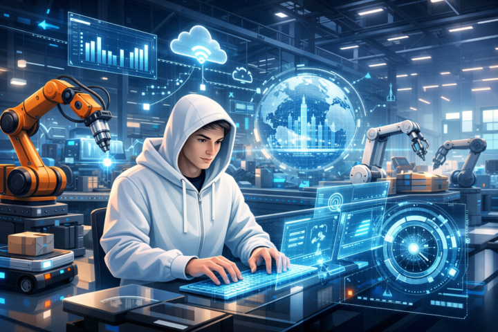 Ilustrasi AI dalam transformasi Industri 4.0 dengan robot, perangkat IoT, data besar, dan pabrik pintar