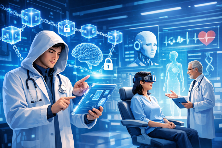 Ilustrasi blockchain dan AI dalam layanan kesehatan modern