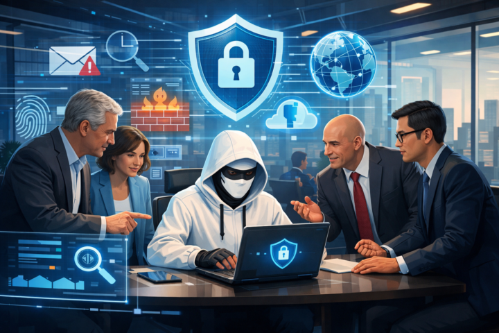 Ilustrasi kolaborasi dewan direksi dan manajemen puncak dalam tata kelola keamanan siber