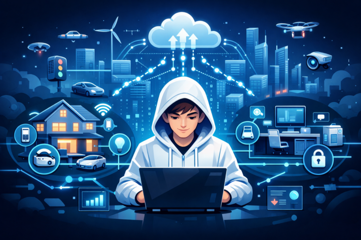 Ilustrasi perangkat IoT terhubung di lingkungan smart home, smart office, dan smart city dengan alur data dan komputasi awan