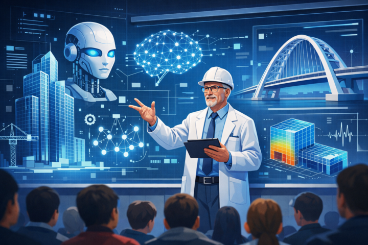 Guru besar sedang menyampaikan kuliah tentang kecerdasan buatan dalam rekayasa struktur di Universitas Pembangunan Jaya