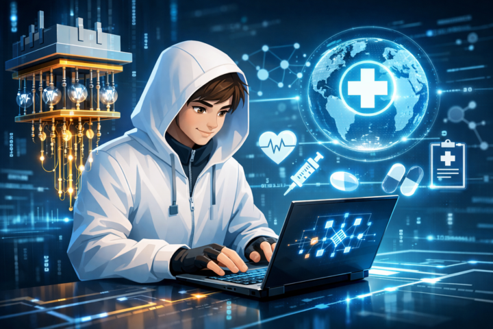 Ilustrasi komputasi kuantum dan kecerdasan buatan dalam revolusi digital dan penanganan krisis kesehatan global