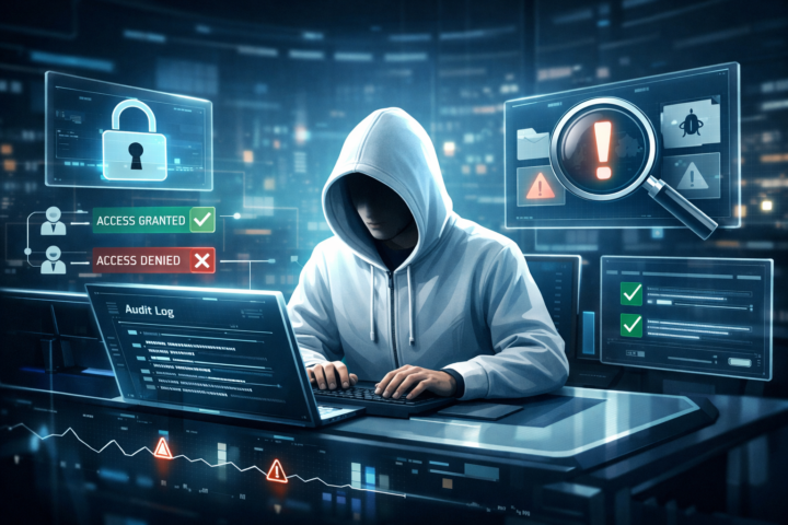 Ilustrasi konsep keamanan digital dengan Privileged Access Management yang mengontrol akses, audit, kepatuhan, dan investigasi insiden