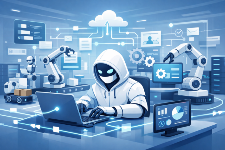 Ilustrasi teknologi Robotic Process Automation mengotomatisasi operasional bisnis modern