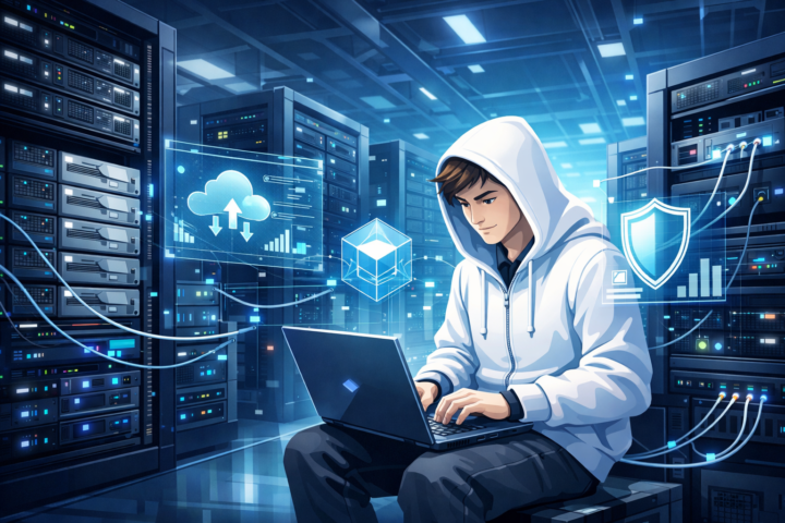 Server, storage, dan perangkat jaringan dalam pusat data teknologi modern