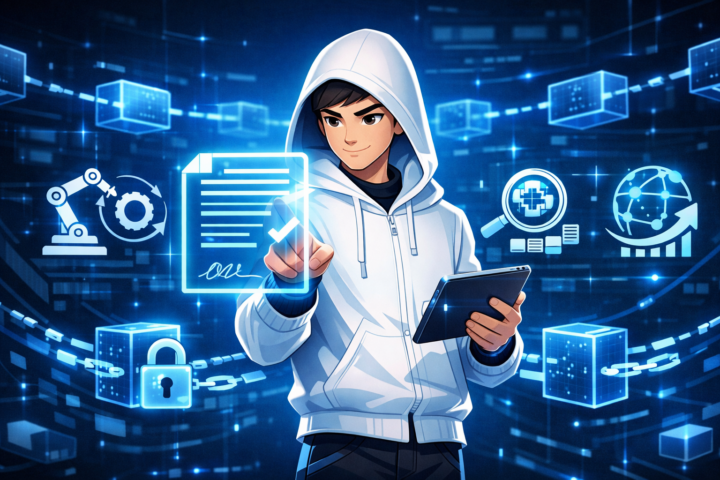 Ilustrasi teknologi smart contract dengan jaringan blockchain dan simbol otomatisasi serta transformasi digital