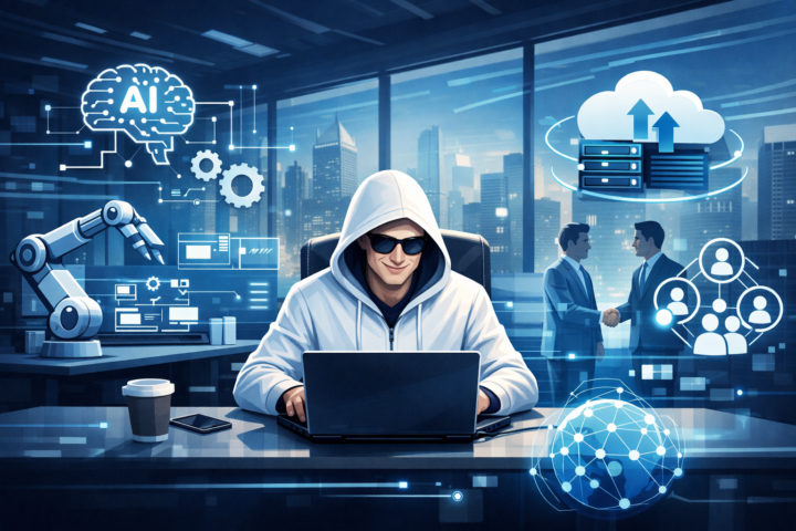 Ilustrasi kantor modern dengan teknologi digital yang menunjukkan otomatisasi, cloud computing, AI, dan kolaborasi tim dalam bisnis