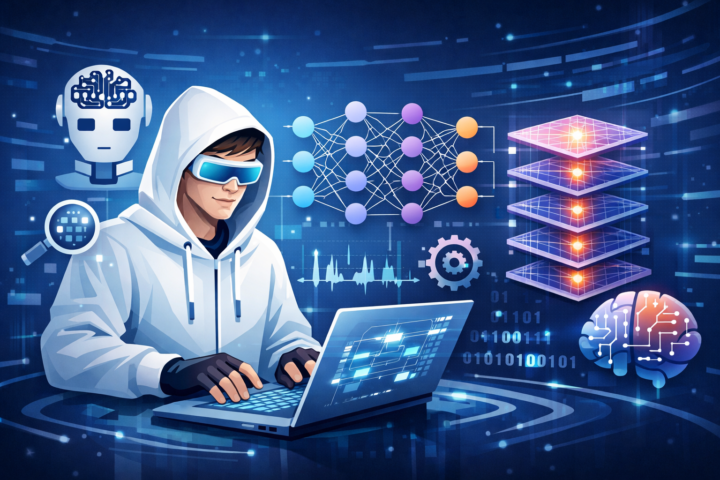 Ilustrasi konsep AI, Machine Learning, dan Deep Learning dengan ikon sederhana dan grafik jaringan saraf berlapis