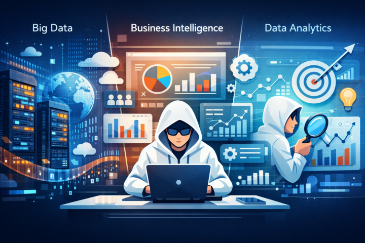 Ilustrasi perbedaan Big Data, Business Intelligence dan Data Analytics dengan visualisasi data digital