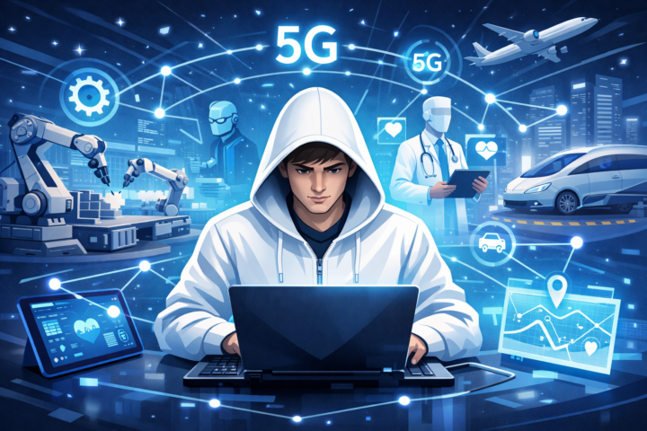 Ilustrasi teknologi jaringan 5G futuristik yang menghubungkan berbagai industri dengan perangkat digital pintar