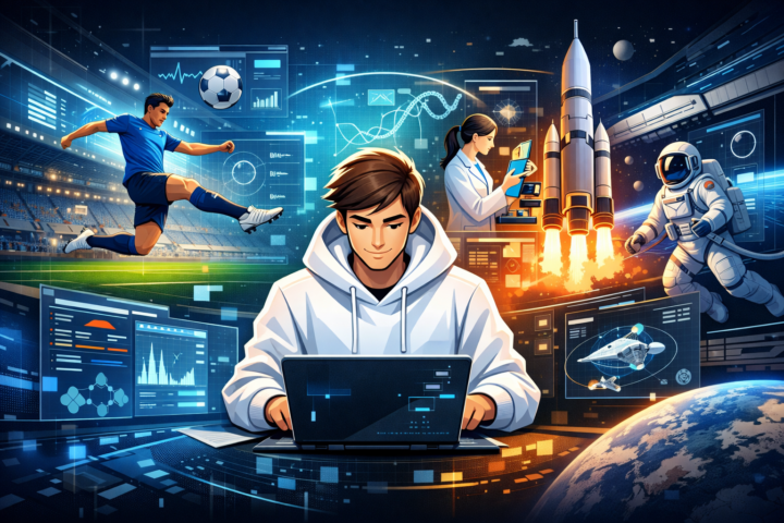 Ilustrasi inovasi software dalam olahraga, penelitian ilmiah, dan eksplorasi antariksa
