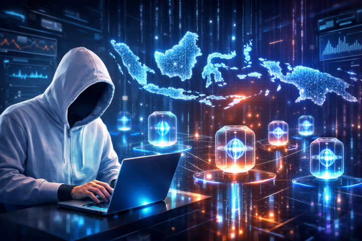 Ilustrasi konsep komputer kuantum dengan qubit dan data digital di latar peta Indonesia