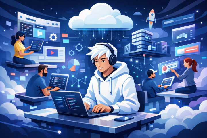 Ilustrasi konsep teknologi modern dengan cloud computing dan pengembangan aplikasi platform