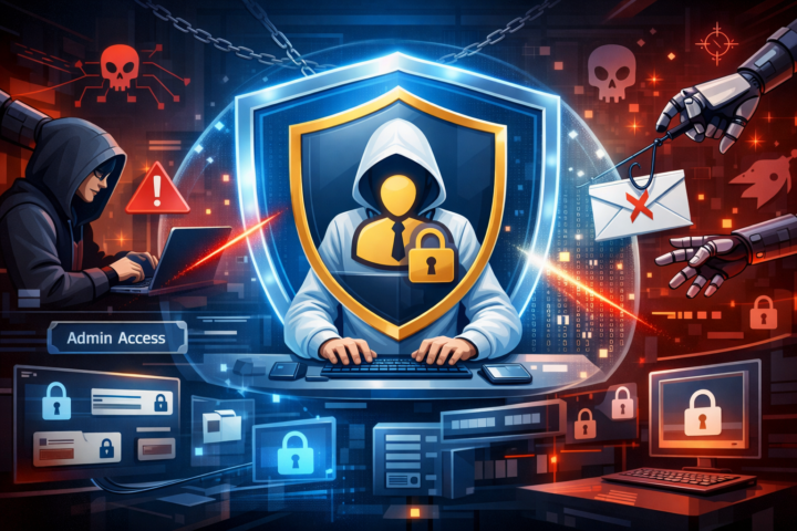 Ilustrasi keamanan siber dengan manajemen akses istimewa pada akun administrator yang terlindungi