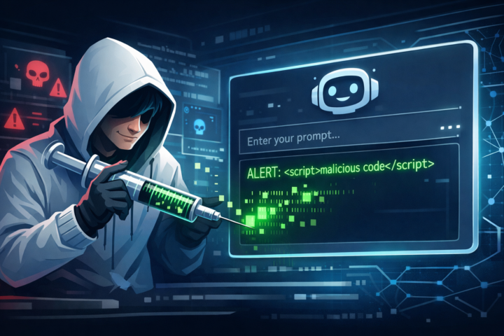 Ilustrasi ancaman prompt injection pada sistem kecerdasan buatan dengan input teks berbahaya.