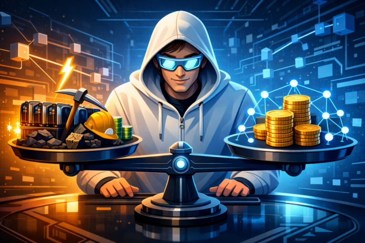 Gambaran perbandingan Proof of Work dan Proof of Stake dengan simbol penambangan dan koin dalam teknologi blockchain