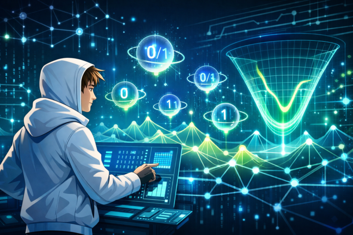 Ilustrasi teknologi quantum annealing dengan qubit dan jaringan optimasi digital