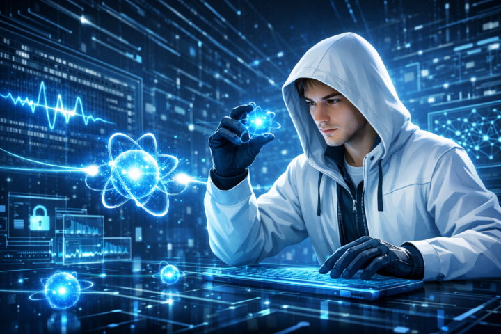 Ilustrasi teknis kriptografi kuantum dengan partikel kuantum dan jaringan data digital