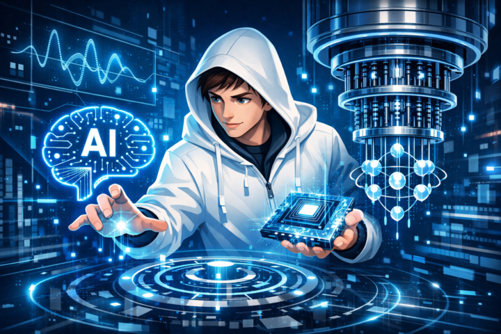 Ilustrasi konsep Quantum Machine Learning menggabungkan kecerdasan buatan dan teknologi komputasi kuantum