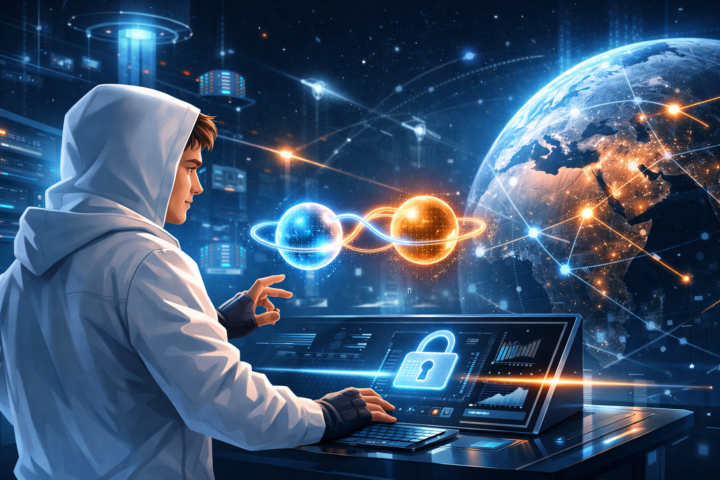 Ilustrasi teknologi Quantum Networking dengan qubit bercahaya dan simbol komunikasi aman secara global