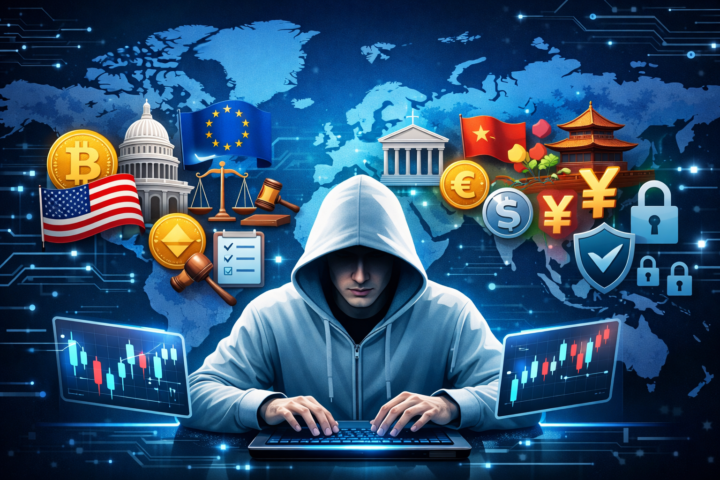 Ilustrasi peta dunia dengan ikon cryptocurrency dan bangunan pemerintahan untuk regulasi di berbagai negara