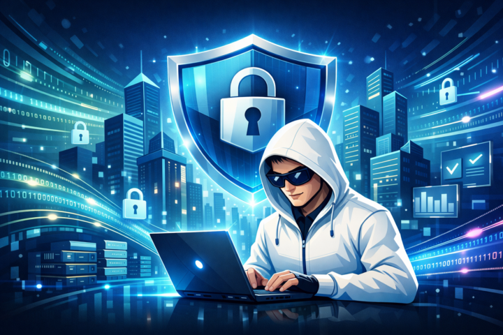 Ilustrasi keamanan data digital dengan simbol perisai dan gedung perusahaan sebagai representasi regulasi keamanan data