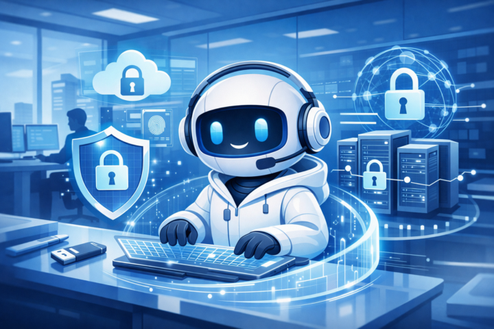 Ilustrasi AI Assistant dan keamanan data di tempat kerja dengan ikon AI dan gembok pelindung