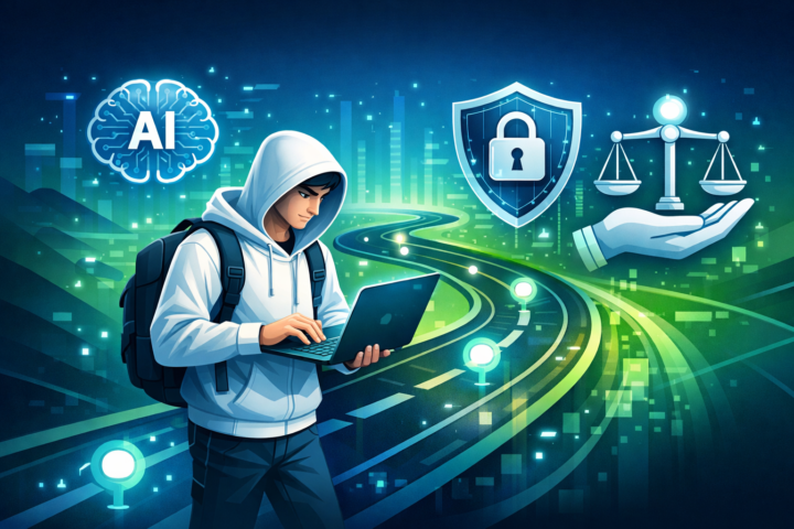 Ilustrasi roadmap adopsi AI yang aman dan bertanggung jawab dengan ikon keamanan dan etika