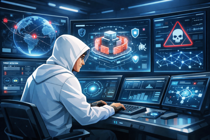 Dashboard keamanan jaringan modern untuk organisasi pemerintah yang menunjukkan deteksi ancaman siber dan solusi keamanan berlapis