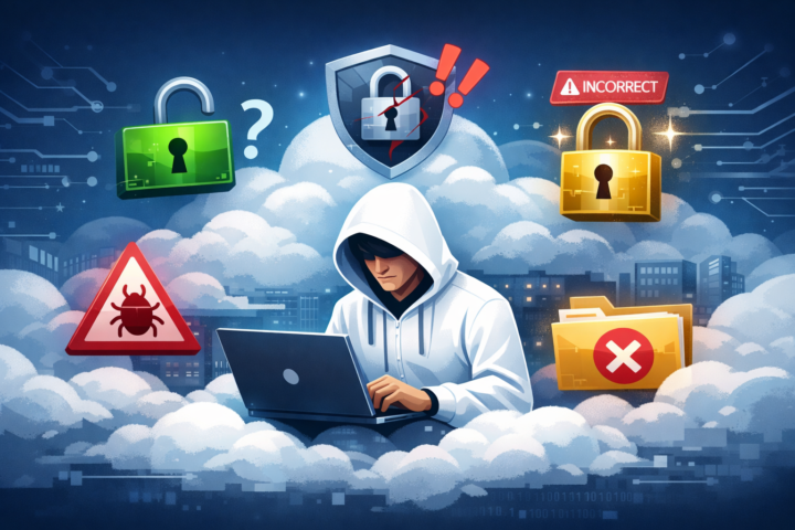 Ilustrasi salah kaprah keamanan cloud dengan simbol gembok digital dan tanda peringatan di latar belakang komputasi awan