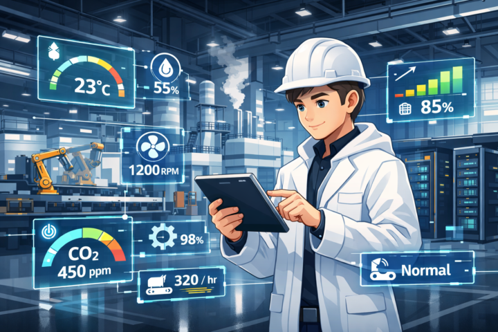 Ilustrasi fasilitas industri modern dengan segmentasi dan teknologi monitoring lingkungan menggunakan sensor IoT