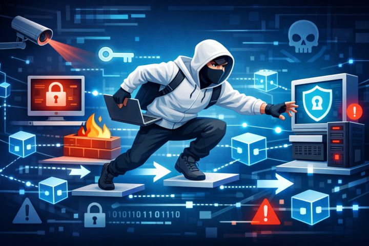 Ilustrasi serangan lateral movement menunjukkan pergerakan penyerang di jaringan dengan elemen keamanan siber