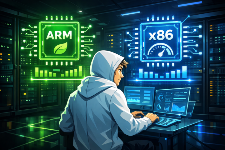 Gambaran server modern dengan ikon prosesor ARM dan x86 yang menunjukkan perbandingan efisiensi energi dan kinerja
