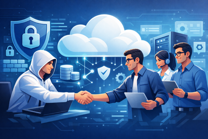 Ilustrasi Shared Responsibility Model dengan ikon cloud dan keamanan data