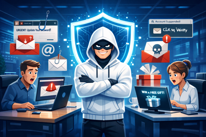 Ilustrasi simulasi phishing di kantor untuk meningkatkan kesadaran keamanan siber karyawan