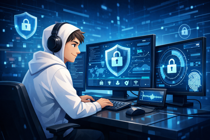 Talenta cybersecurity pemula sedang memantau sistem keamanan di depan layar komputer