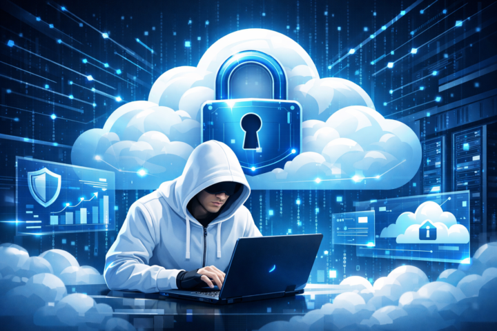 Ilustrasi keamanan data di layanan cloud dengan ikon gembok di atas awan digital