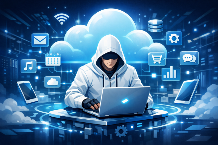 Ilustrasi Software as a Service dengan simbol cloud dan perangkat digital