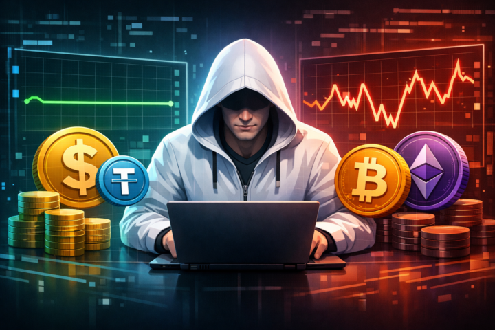 Grafik perbandingan stablecoin dan cryptocurrency volatil menunjukkan stabilitas dan fluktuasi harga