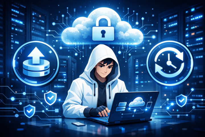 Ilustrasi konsep strategi backup dan recovery data di lingkungan cloud dengan simbol awan dan server